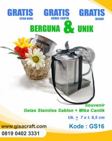 Souvenir Gelas Stainliss Sablon + Mika Cantik GS16