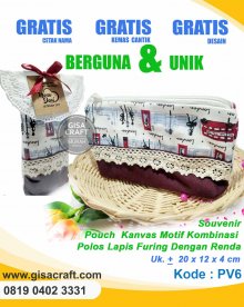 Souvenir Pouch Kanvas Motif Kombinasi Polos Lapis Furing Dengan Renda PV6