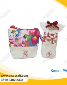 Souvernir Pouch Kanvas Motif Kombinasi Kecil Lapis Furing PV15