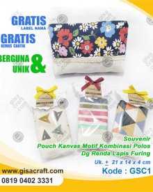 Souvenir Pouch Kanvas Motif Kombinasi Polos Dg Renda Lapis Furing GSC1